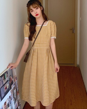 Korean style square collar high waist slim exceed knee dress