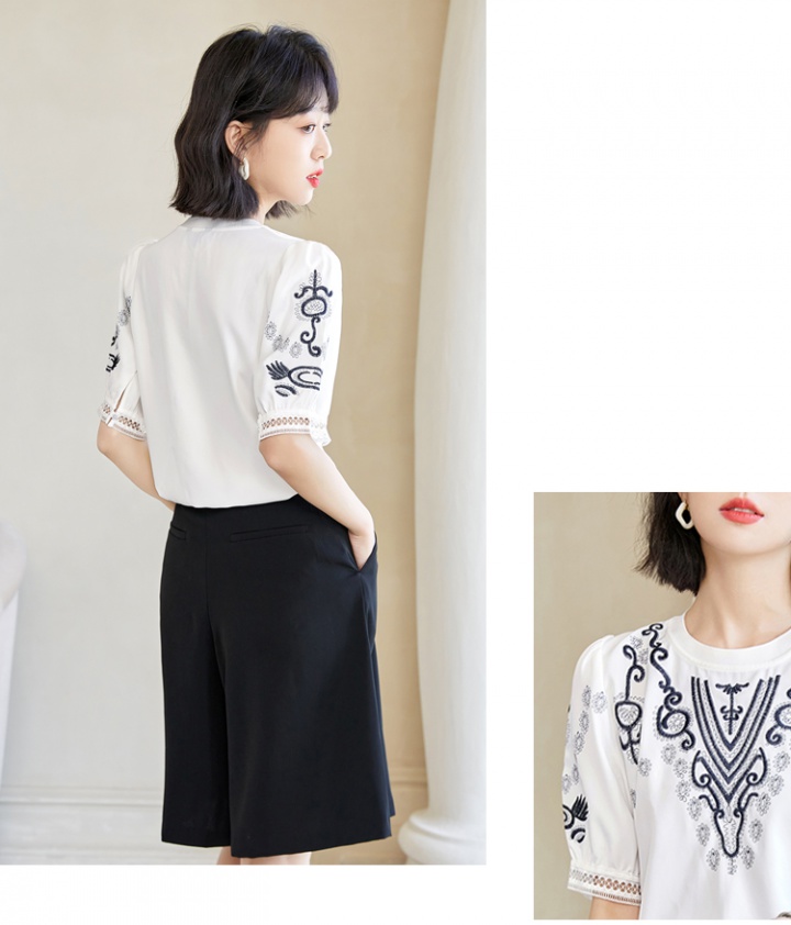 Embroidery white small shirt short sleeve chiffon shirt for women