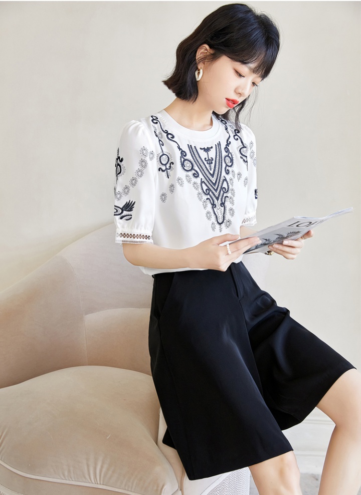Embroidery white small shirt short sleeve chiffon shirt for women