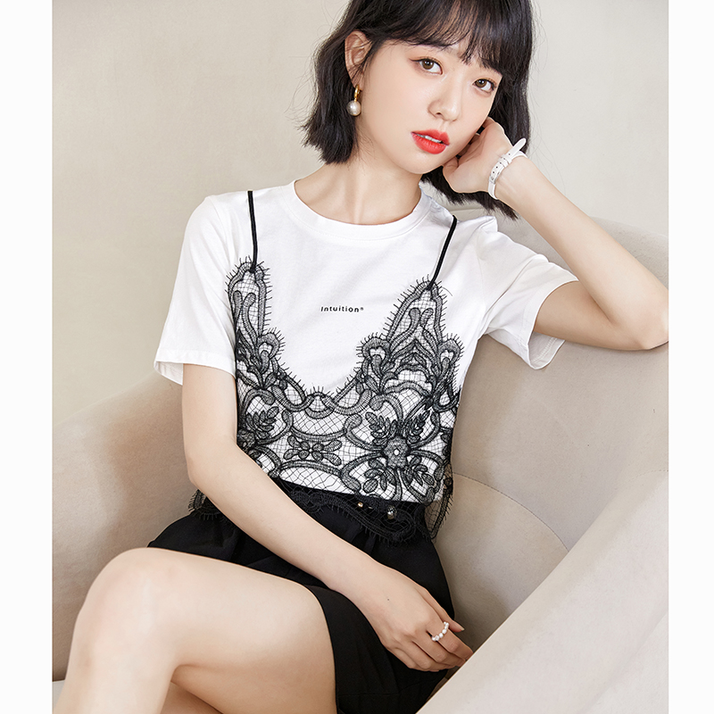 Pseudo-two France style tops short sleeve T-shirt