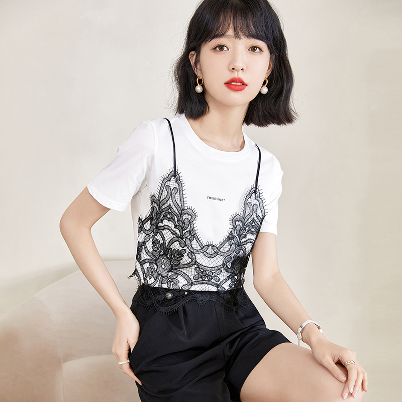 Pseudo-two France style tops short sleeve T-shirt