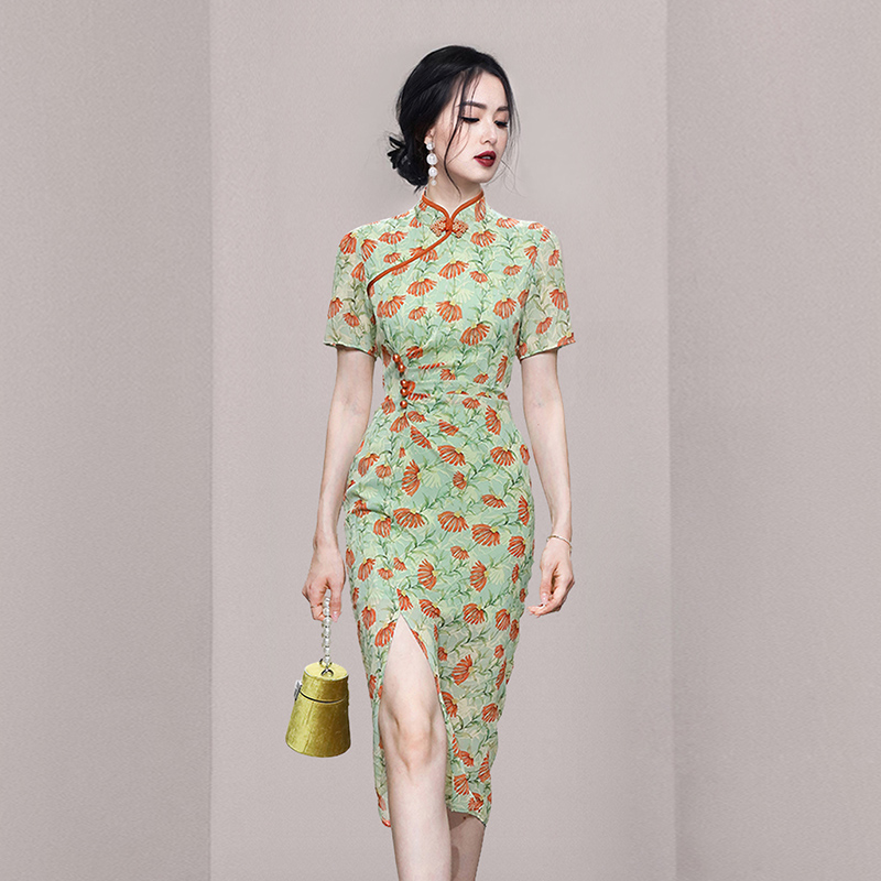 Printing cheongsam summer long dress for women