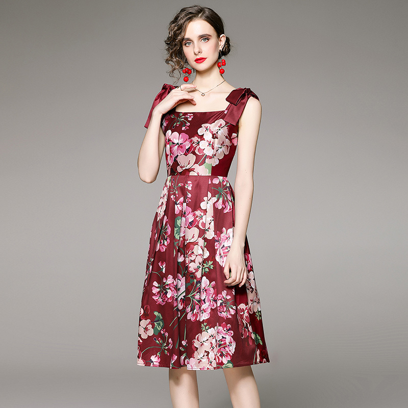 Printing pinched waist lined vest sleeveless fashion dress