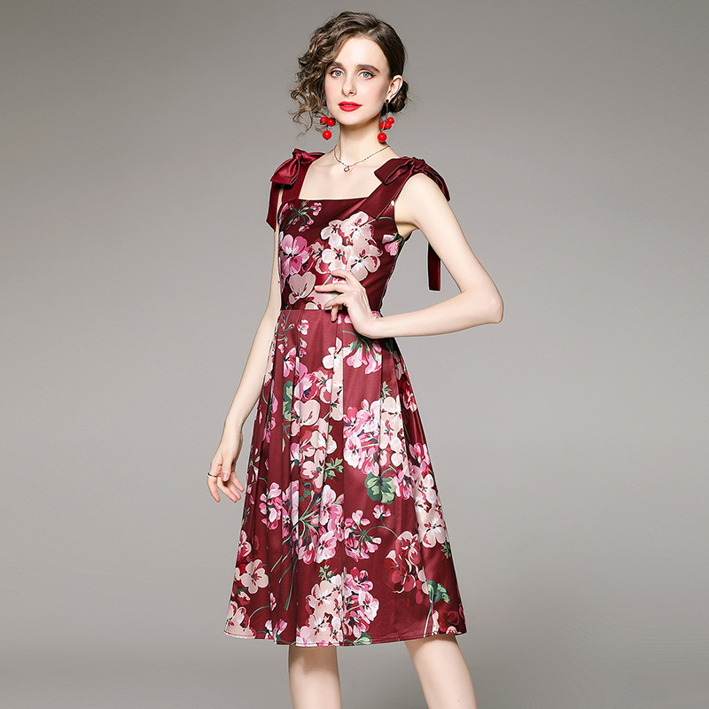 Printing pinched waist lined vest sleeveless fashion dress