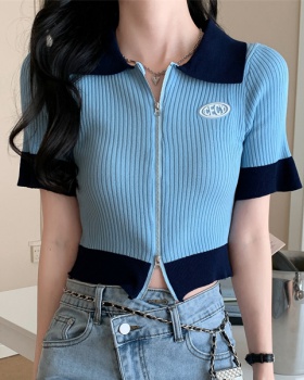 Blue mixed colors short sleeve tops knitted zip pure T-shirt