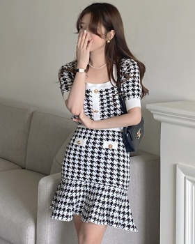 Houndstooth square collar tops buckle skirt a set