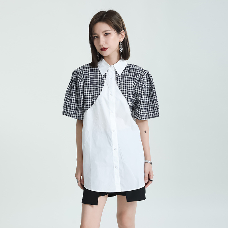 Short sleeve splice mixed colors lapel long shirt for women
