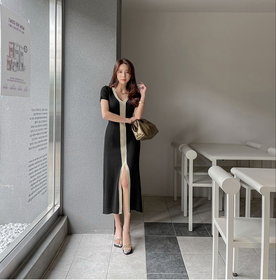 Summer front split long dress V-neck Korean style dress for women
