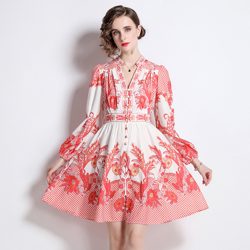 France style pinched waist printing temperament dress