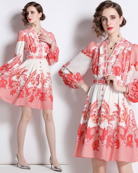 France style pinched waist printing temperament dress