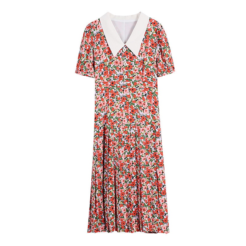 Chiffon short sleeve doll collar floral dress
