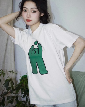 Loose cartoon printing white lazy T-shirt for women