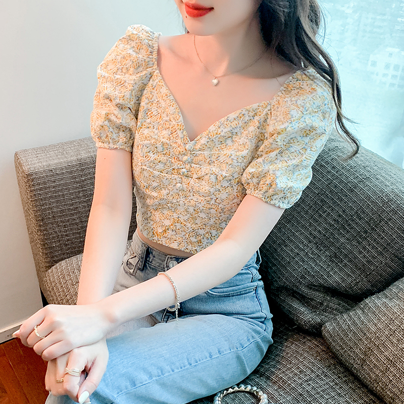 Short Western style summer shirt floral lace tops for women