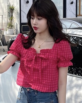 Summer sweet short sleeve tops plaid red short small shirt