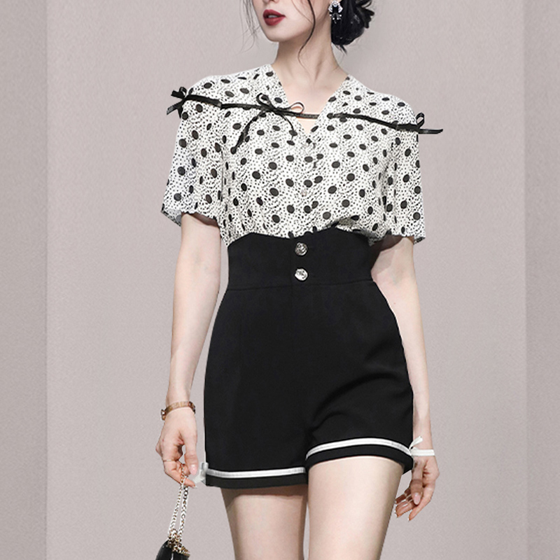 High waist summer shorts polka dot fashion shirt a set