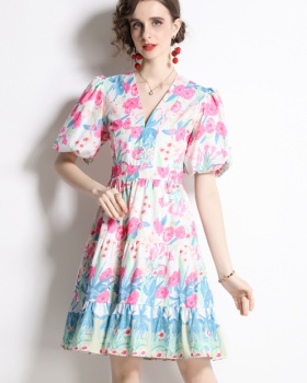 Temperament lantern sleeve floral printing dress