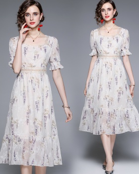 Floral square collar dress France style printing long dress