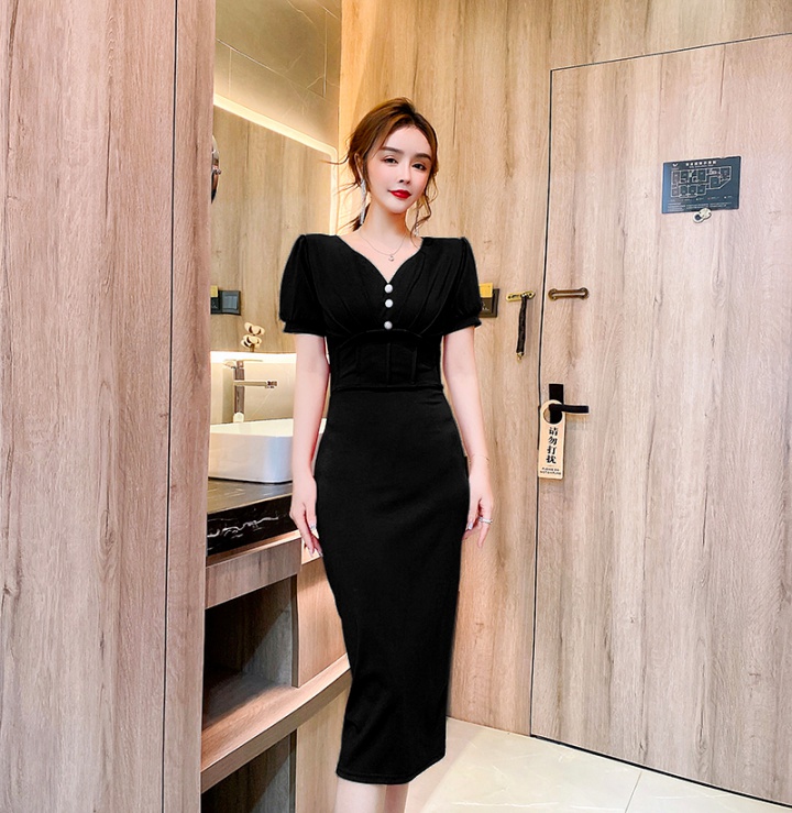 V-neck package hip fashion long single-breasted dress