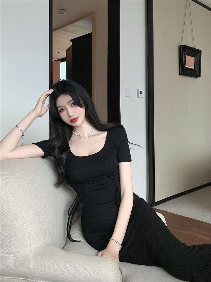 Pinched waist package hip slim long dress for women