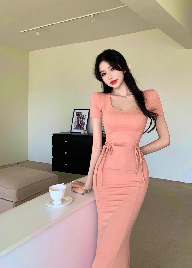 Pinched waist package hip slim long dress for women
