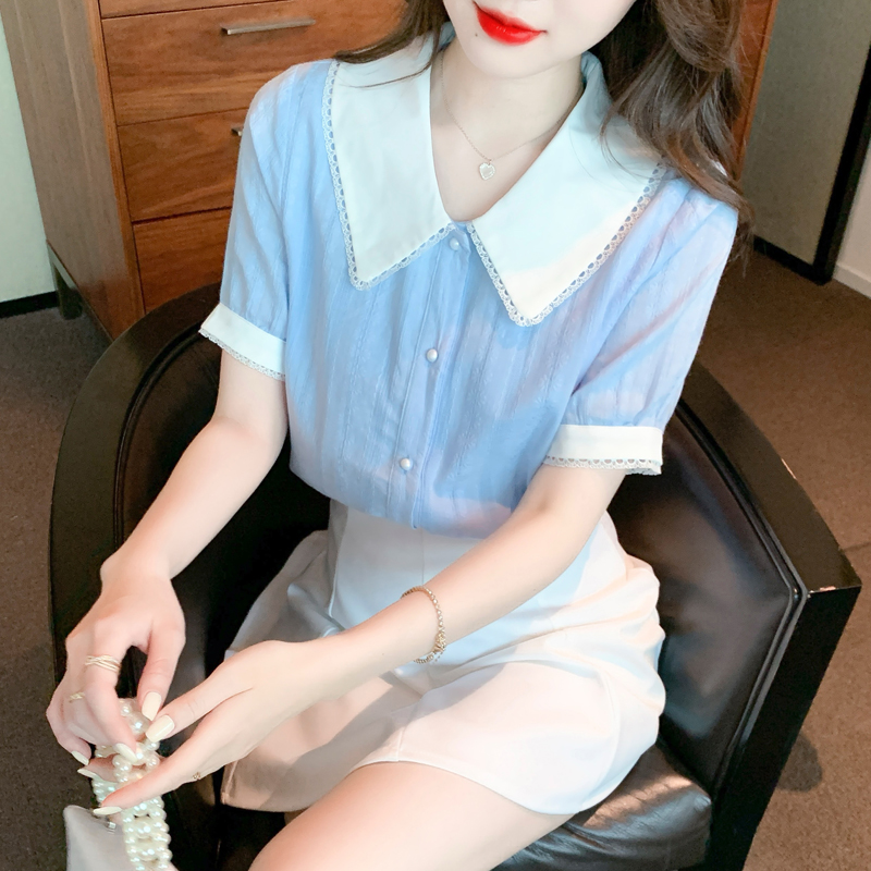 Doll collar summer shirt mixed colors tops for women