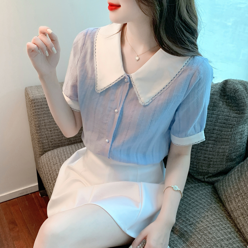 Doll collar summer shirt mixed colors tops for women