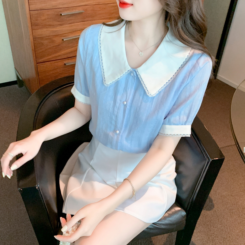 Doll collar summer shirt mixed colors tops for women