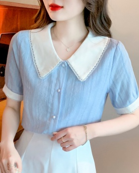 Doll collar summer shirt mixed colors tops for women