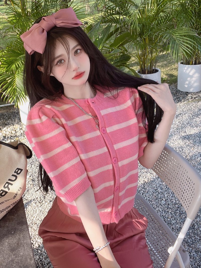 Stripe mixed colors cardigan fashion sweet style tops