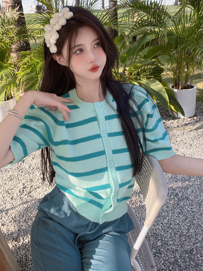 Stripe mixed colors cardigan fashion sweet style tops