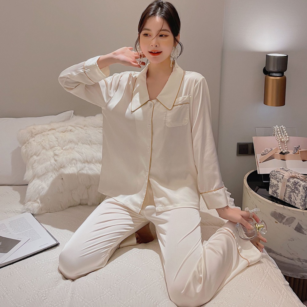Ice silk pajamas long sleeve cardigan a set for women