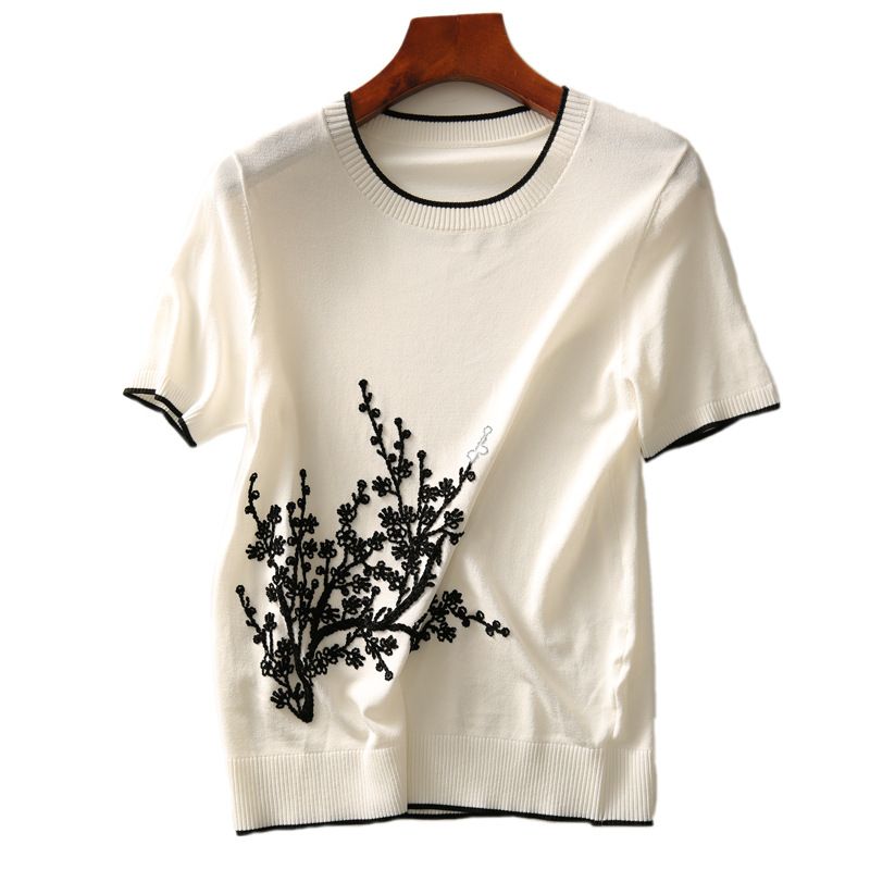 Bottoming ice silk embroidery T-shirt summer thin sweater
