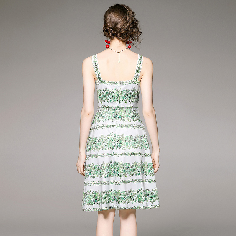 Printing sleeveless pinched waist vest frenum fashion lined dress