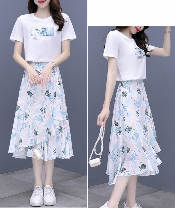 Chiffon printing T-shirt floral skirt 2pcs set for women