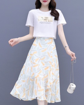 Chiffon printing T-shirt floral skirt 2pcs set for women