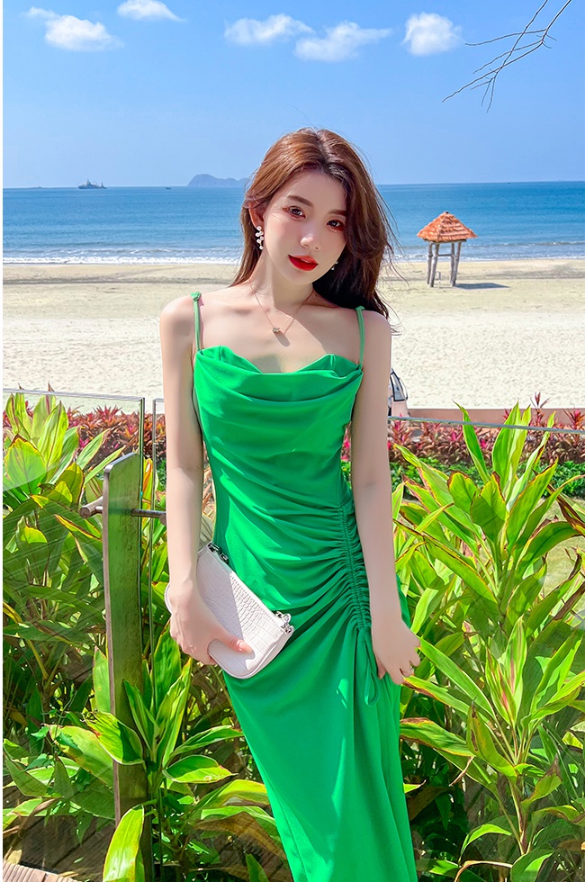 Sandy beach sling vacation dress fold summer long dress