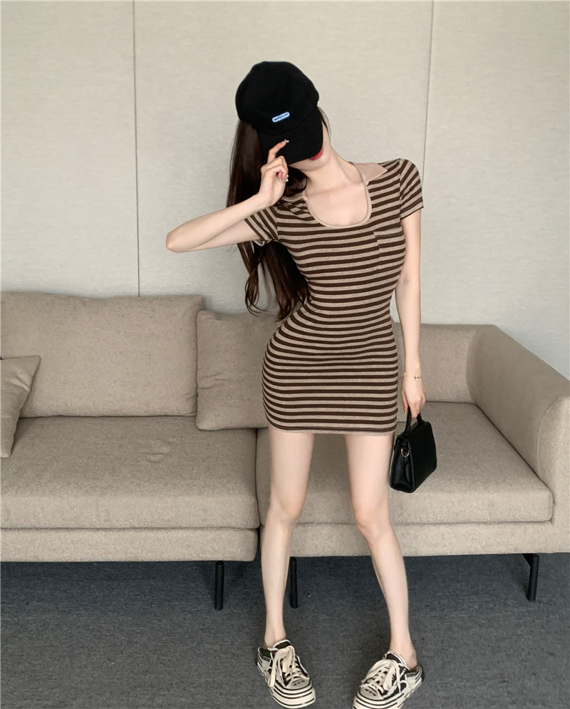 Package hip high waist slim summer stripe dress