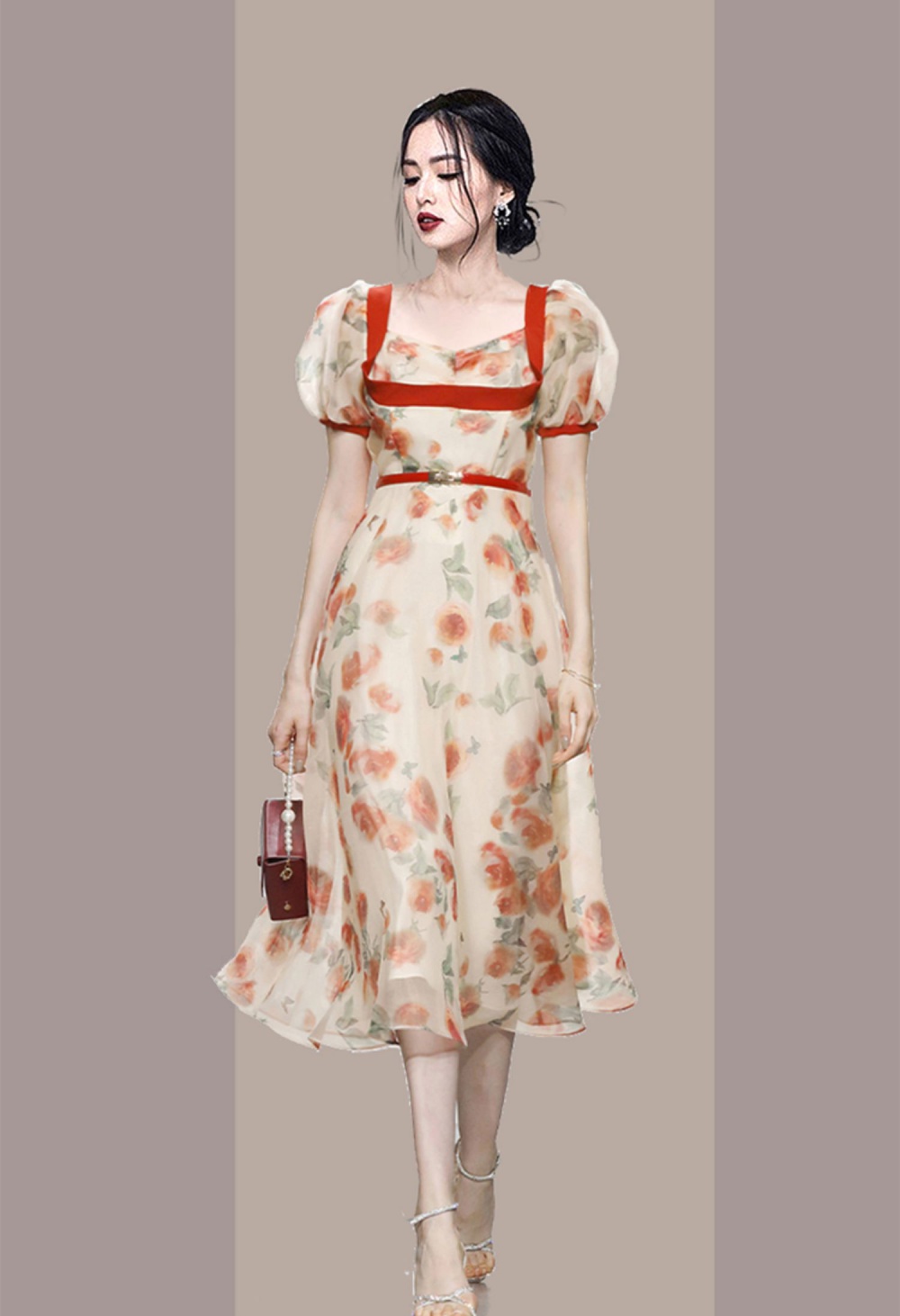 Retro romantic lantern sleeve rose pastoral style) dress