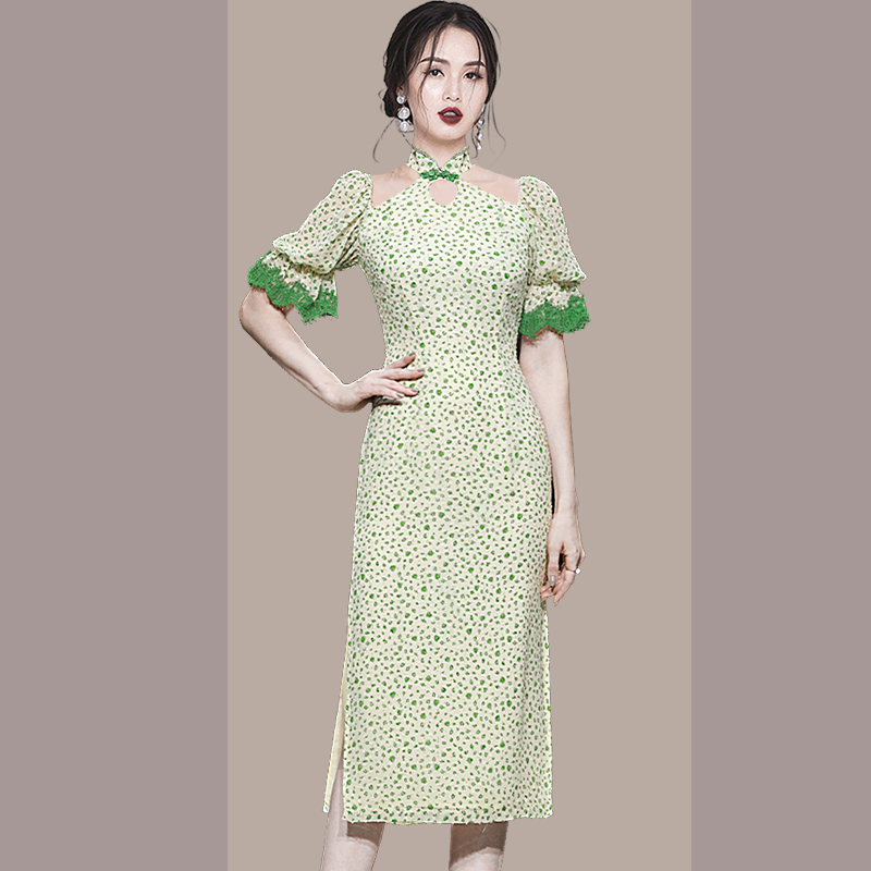Fashion floral slim dress fresh summer clavicle for women