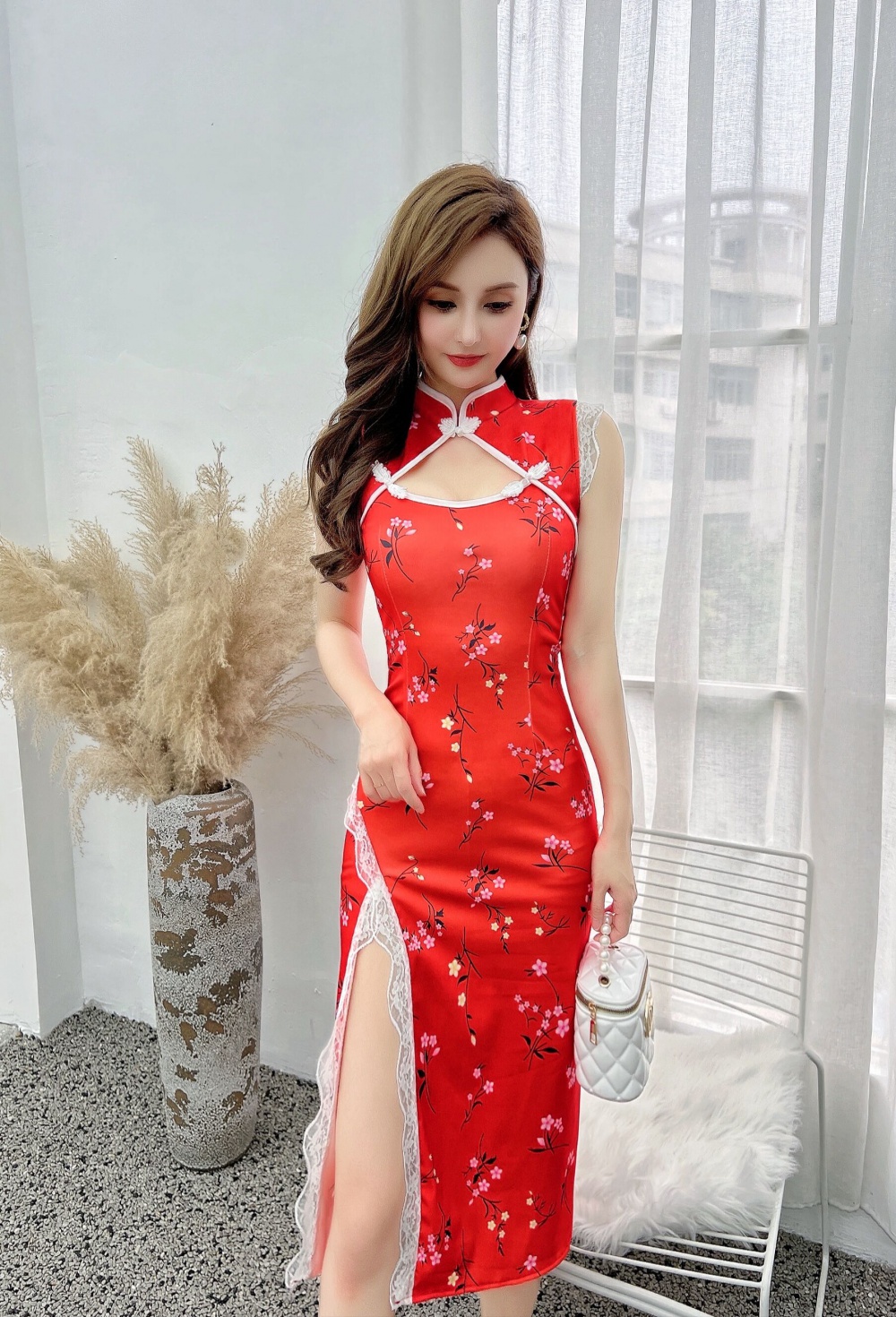 Printing pinched waist cheongsam slim maiden dress