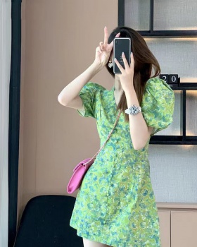 Floral puff sleeve refreshing France style green summer dress