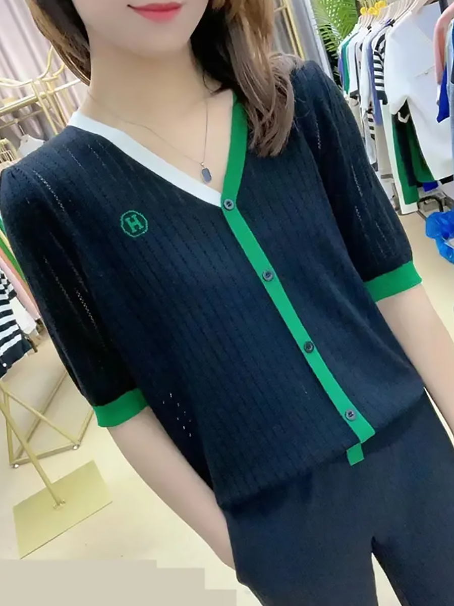 Short sleeve embroidered coat V-neck tops for women