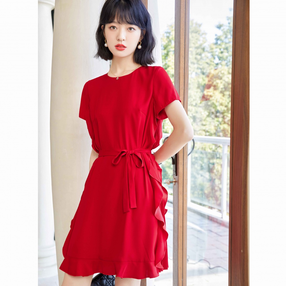Retro red temperament long dress crimp splice dress