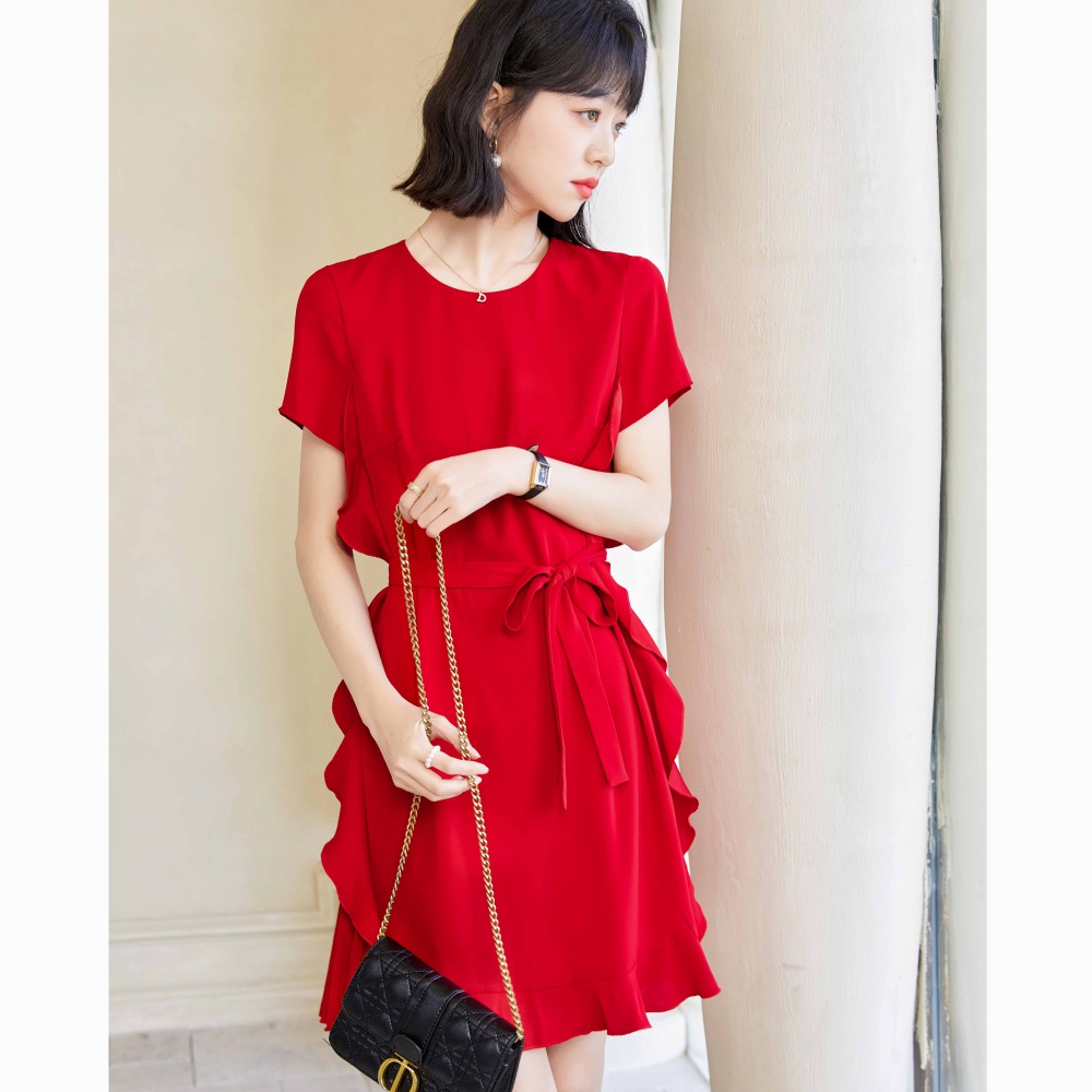 Retro red temperament long dress crimp splice dress