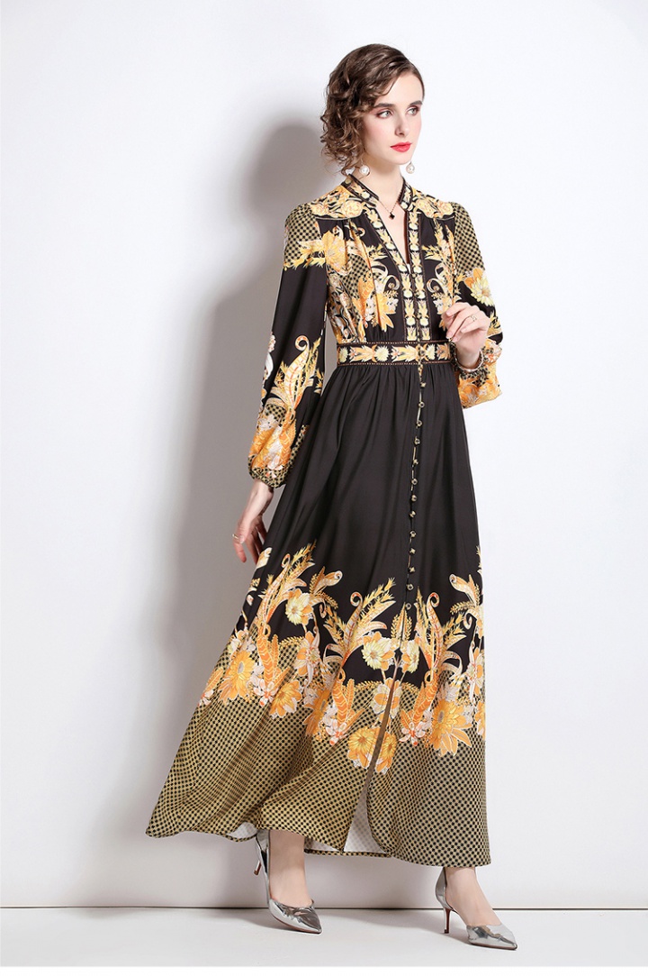 Pinched waist printing long dress slim puff sleeve dress