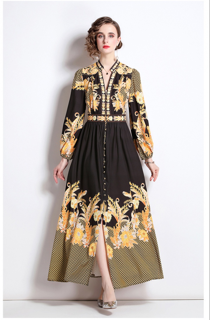 Pinched waist printing long dress slim puff sleeve dress