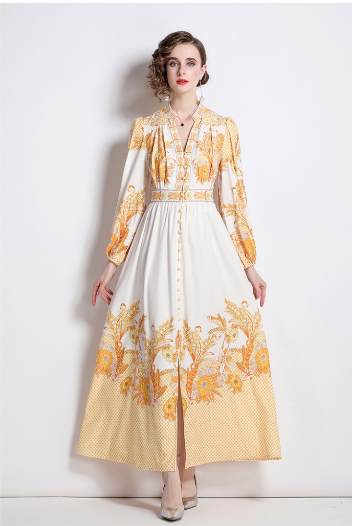 Pinched waist printing long dress slim puff sleeve dress