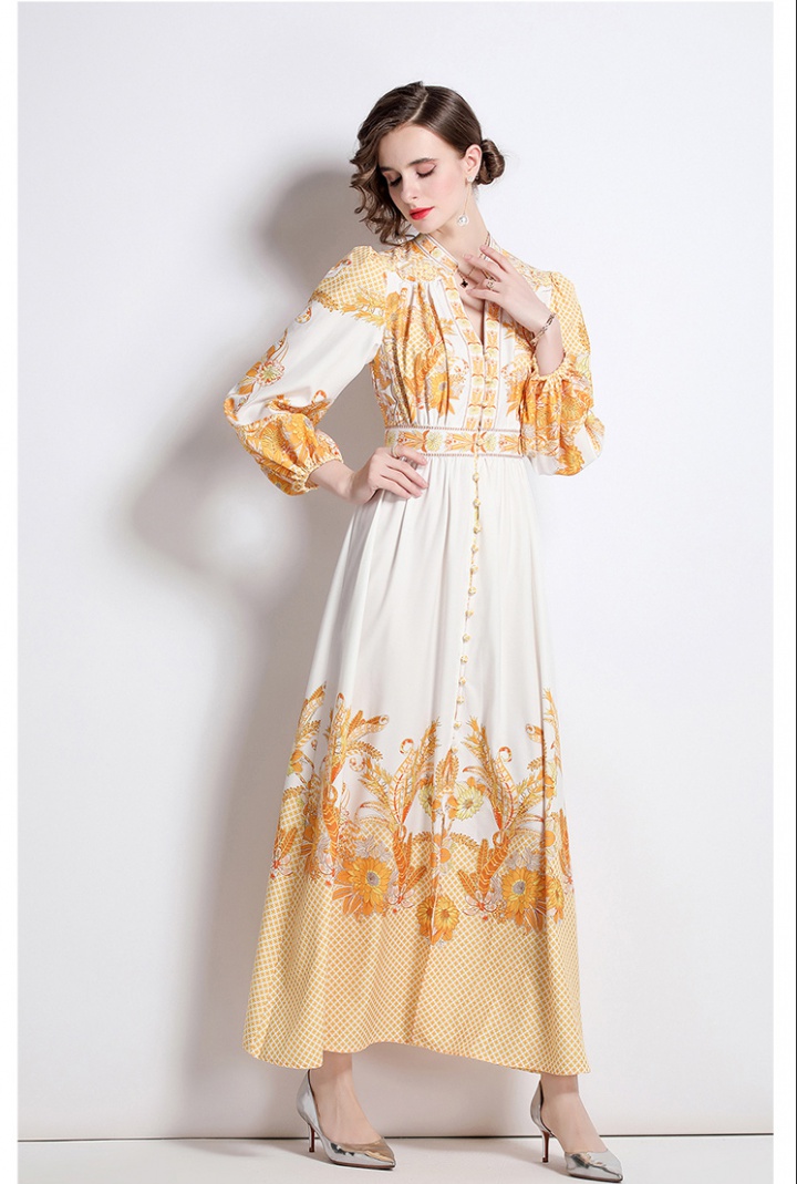 Pinched waist printing long dress slim puff sleeve dress