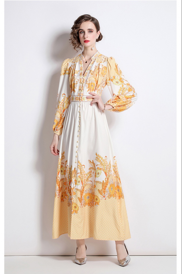 Pinched waist printing long dress slim puff sleeve dress