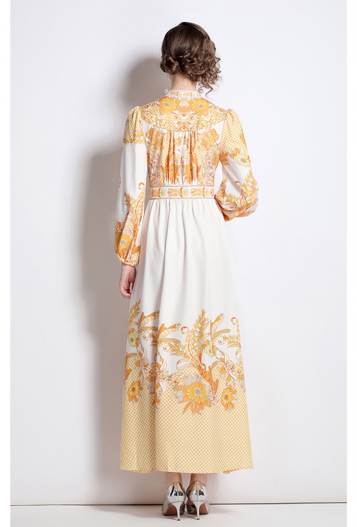 Pinched waist printing long dress slim puff sleeve dress